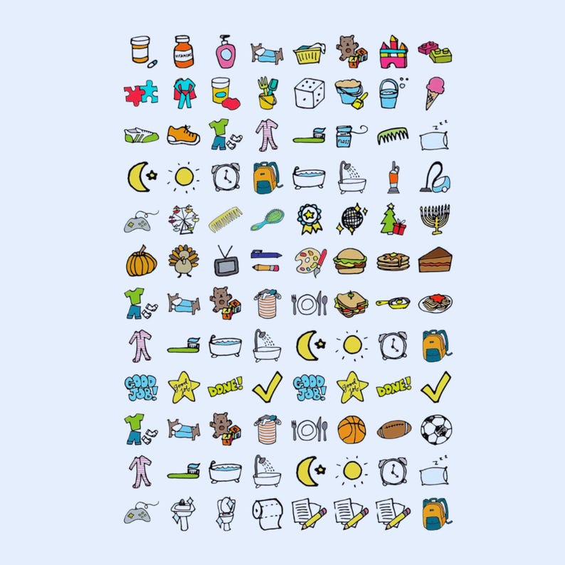Puede incluir: Una colecci&oacute;n de iconos de doodle coloridos y dibujados a mano sobre un fondo azul claro. Los iconos incluyen una variedad de objetos como alimentos, equipos deportivos y art&iacute;culos para el hogar. El estilo es caprichoso y juguet&oacute;n.