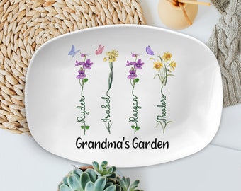 Personalized Birth Month Flower Platter, Mother's Day Gift, Birth Flower Plate, Grandma and Grandkids Flower Tray, Gift for Gigi Mimi