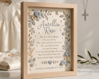 Personalized Hand Embroidered Baptism Frame with Blue Botanical Wreath and Prayer, Custom Baby Name Christian Nursery Art