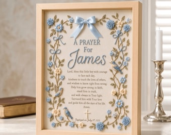 Personalized Hand Embroidered Baptism Frame with Blue Bird Floral Wreath, Custom Baby Boy Prayer Gift, Christening Keepsake