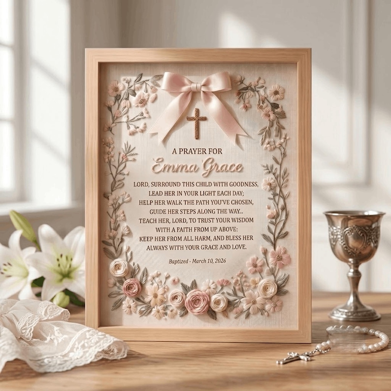 May include: A framed wall art piece featuring a light wood frame, a central cross, and a pink ribbon bow. The text reads A PRAYER FOR Emma Grace, followed by a prayer and the date March 10, 2026. The design is bordered by floral embroidery.