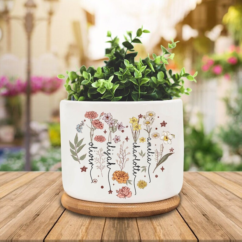 Pot de fleur personnalisé pour le mois de naissance, cadeau pour les amateurs de jardinage, pot de fleur d'extérieur, fleurs de naissance pour maman, cadeau pour la fête des mères image 1