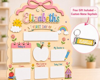 Personalized Cute Rainbow First Day of School Board, Custom Scalloped Wood Milestone Sign, Back to School Photo Prop With Name Keychain
