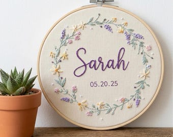 Custom Embroidered Baby Name Hoop, Floral Nursery Art & Baby Shower Gift, Embroidery Gift for Newborn Nursery Decor,  Newborn Baby Shower
