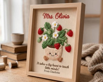 Personalized Strawberry Teacher Hand Embroidered Frame, Custom Cute Classroom Gift, Teacher Appreciation Wall Art