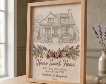 Personalized Hand Embroidery House Portrait, Custom Home Sweet Home Framed Sign, New Home Gift, Housewarming Gift