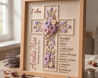 Personalized Pearl Cross Hand Embroidered Wall Art, Custom Floral Baptism Keepsake, Christian Nursery Decor Gift