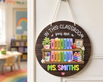 Personalized Classroom Bookshelf Layered Wood Door Sign, Custom Teacher Name Wall Hanging, Back to School Classroom Decor