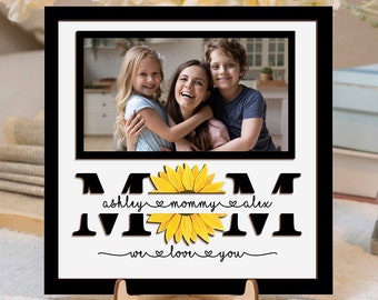 Plaque en bois personnalisée avec photo de famille, plaque photo personnalisée, plaque fleur de maman, plaque prénoms d'enfant personnalisée, cadeau fête des mères pour maman, grand-mère