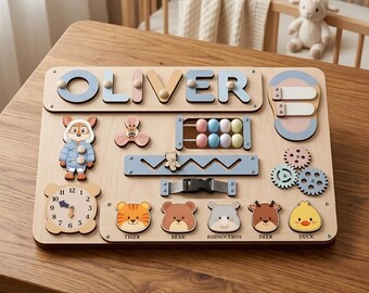 Personalized Wooden Busy Board, Custom Baby Name Puzzle, Montessori Sensory Activity Toy, Gift for 1 2 Year Old Boy Girl
