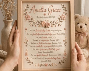 Personalized Hand Embroidered Baptism Frame with Pink Rose Prayer Wreath, Custom Baby Girl Name, Goddaughter Keepsake