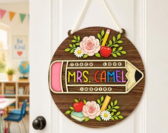 Personalized Teacher Pencil Wood Door Sign, Custom Classroom Welcome Hanging, Back to School Teacher Name Decor