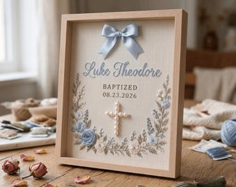 Personalized Satin Bow Hand Embroidered Baptism Frame with Pearl Cross, Baby Boy Christening Gift, Custom Name Nursery Decor