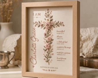 Personalized Hand Embroidered Baptism Frame with Floral Cross and Bible Verses, Baby Girl Catholic Christening Gift