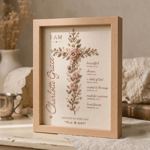 Personalized Baby Girl Baptism Gift, Hand Embroidered Floral Cross Frame, Catholic Christening Keepsake, Custom Name Bible Verse Art