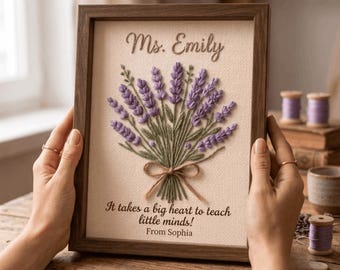 Personalized Lavender Teacher Hand Embroidered Frame, Custom Teacher Appreciation Gift, Floral Canvas Wall Art