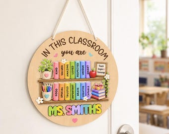 Personalized Colorful Classroom Layered Wood Door Sign, Custom Teacher Name Wall Hanging, Back to School Teacher Decor