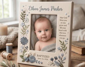 Personalized Boy Baptism Photo Frame Hand Embroidered Block, Custom Name Christening Keepsake, Baby Boy Christian Gift