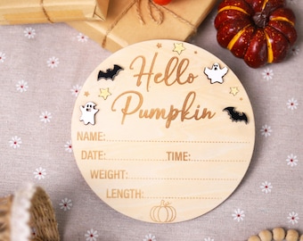 Hello Pumpkin Baby Birth Stats Sign: Halloween Newborn Photo Prop