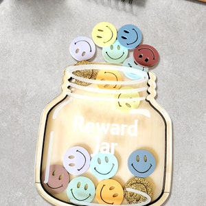 Custom Reward Jar for Teacher, Wood and Acrylic Engraved Personalized Name, Rainbow Pastel Smile Face, Teacher Reward Jar Gift