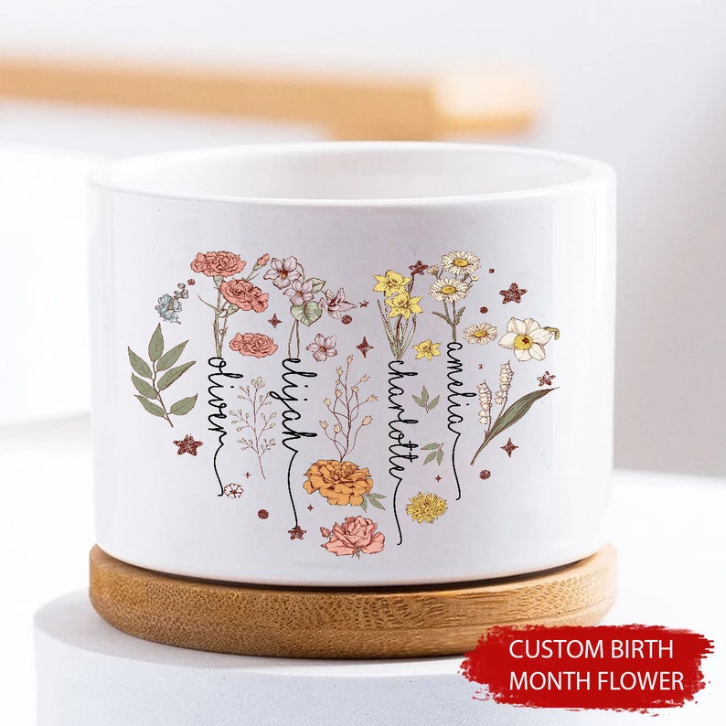 Pot de fleur personnalisé pour le mois de naissance, cadeau pour les amateurs de jardinage, pot de fleur d'extérieur, fleurs de naissance pour maman, cadeau pour la fête des mères image 6