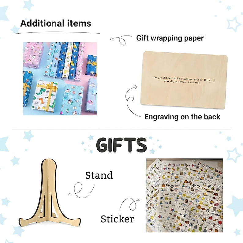 Puede incluir: Un surtido de art&iacute;culos de regalo, que incluyen regalos envueltos, papel de regalo y un soporte de madera. La imagen tambi&eacute;n muestra una placa de madera con texto grabado y una hoja de pegatinas. El texto de la placa dice: "&iexcl;Felicitaciones y los mejores deseos en tu 1er cumplea&ntilde;os! &iexcl;Que todos tus sue&ntilde;os se hagan realidad!"