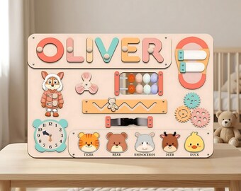 Custom Wooden Busy Board with Name Puzzle, Montessori Activity Board for Baby, Sensory Toy for 1 Year Old, Toddler Gift