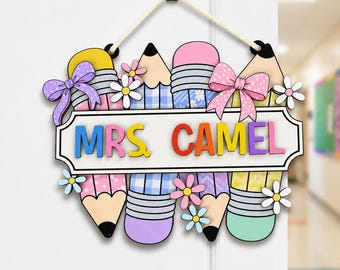 Personalized Pastel Pencil Teacher Door Sign, Custom Classroom Name Wood Hanger, Cute Back to School Teacher Gift