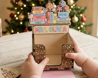 Personalized Wooden Teacher Sticky Note Holder, Pencil Holder,Smiley Rainbow Classroom Decor, Cute Teacher Gift Idea
