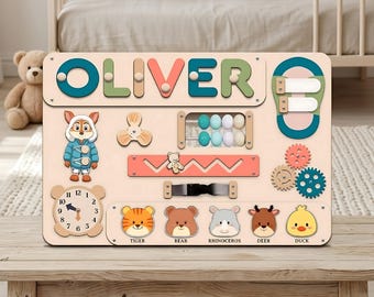 Custom Baby Name Puzzle Busy Board, Montessori Sensory Toy, Wooden Activity Board for Toddlers, Baby Shower Gift