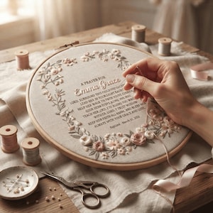 May include: A round wooden embroidery hoop containing beige fabric with floral stitching and the text: A PRAYER FOR Emma Grace, Lord, surround this child with your light, help her walk the path you have chosen, teach her Lord, I trust wisdom, keep her faith all harm, and bless her always with your grace and love. Baptized - March 10, 2026.