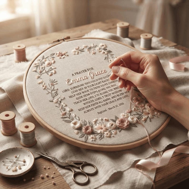 May include: A round wooden embroidery hoop containing beige fabric with floral stitching and the text: A PRAYER FOR Emma Grace, Lord, surround this child with your light, help her walk the path you have chosen, teach her Lord, I trust wisdom, keep her faith all harm, and bless her always with your grace and love. Baptized - March 10, 2026.