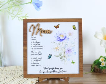 Personalized Mom Definition Wooden Sign with Birth Flower Design, Mother’s Day Gift for Mom Grandma, Floral Keepsake Decor