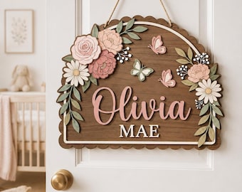 Custom Floral Hand Embroidered Name Sign, Personalized Wooden Door Hanger, Girl Nursery Wall Decor