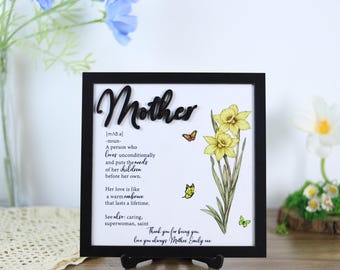 Personalized Mom Definition Wooden Sign with Birth Flower Design, Mother’s Day Gift for Mom Grandma, Floral Keepsake Decor
