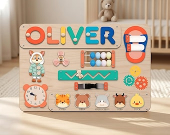 Montessori Busy Board Personalized, Wooden Activity Board for Toddlers, Custom Name Puzzle Toy, 1st Birthday Baby Gift
