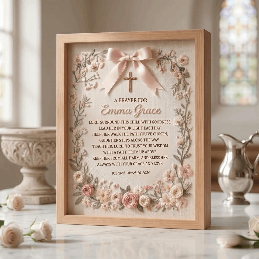 Custom Pink Bow Hand Embroidered Sign, Personalized Baptism Prayer Frame, Floral Cross Bab