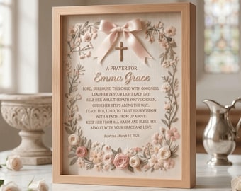 Letrero personalizado con lazo rosa bordado a mano, marco personalizado para oración de bautismo, regalo para bebé con cruz floral
