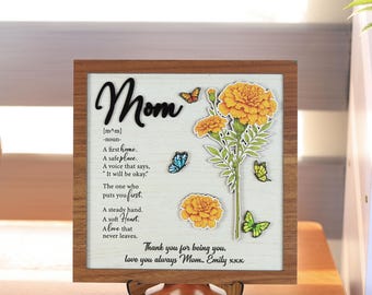 Personalized Mom Definition Wooden Sign with Birth Flower Design, Mother’s Day Gift for Mom Grandma, Floral Keepsake Decor