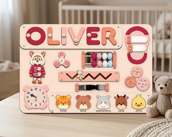 Montessori Busy Board for Baby, Personalized Name Puzzle Toy, Wooden Sensory Board, Activity Toy for Toddlers, First Birthday Gift