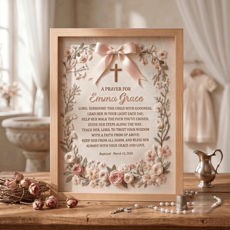 May include: A framed wall art piece featuring a prayer for Emma Grace, dated March 10, 2026. The design includes a central wooden cross, a light pink satin bow, and a floral border of fabric flowers on a cream background, all encased in a light wood frame.