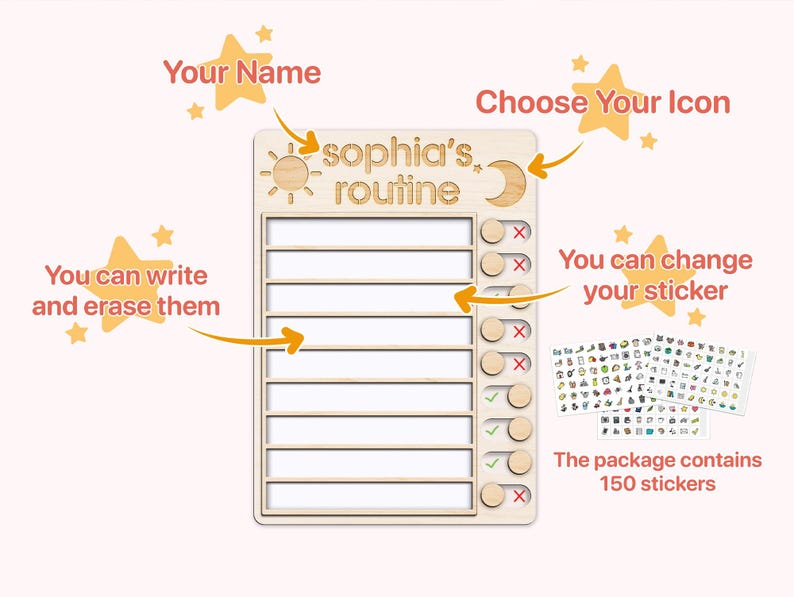 Puede incluir: Un cuadro de rutina de madera con el texto "Sophia's Routine". El cuadro tiene iconos de sol y luna, casillas de verificaci&oacute;n y una hoja de pegatinas con 150 pegatinas. El cuadro est&aacute; dise&ntilde;ado para escribir y borrar.