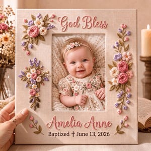Hand Embroidered Baptism Gift for Girl, Floral Cross Frameless Canvas, 3D Wood Name Picture Frame, Christening Keepsake for Goddaughter