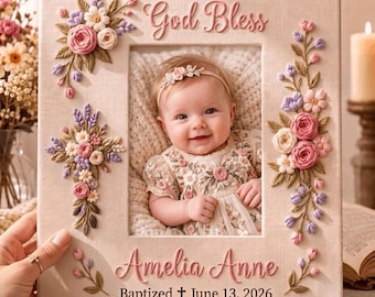Hand Embroidered Baptism Gift for Girl, Floral Cross Frameless Canvas, 3D Wood Name Picture Frame, Christening Keepsake for Goddaughter