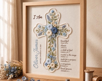 Personalized Baptism Gift for Boy, Hand Embroidery Cross Wall Art, Godson Christening Keepsake, Custom Baby Boy Bible Verse Nursery Decor