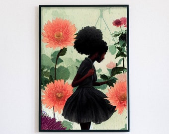 Peut inclure: Une silhouette noire d'une personne avec une coiffure afro debout dans un champ de fleurs roses et orange. L'arrière-plan est vert clair avec un effet aquarelle.