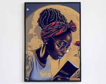 Peut inclure: Une illustration numérique d'une femme noire aux cheveux tressés portant un foulard rouge et noir et des boucles d'oreilles créoles dorées. Elle porte des lunettes et lit un livre intitulé "Moments & Thoughts of a Modern Day Oracle". L'arrière-plan est une lune jaune avec un ciel bleu foncé.