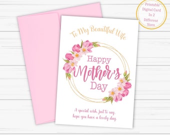 Mother&#39;s Day Card for Wife: Watercolor Flowers Wreath (Printable Digital Card)