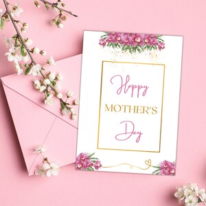 Carte imprimable Joyeuse fête des mères • Carte de voeux florale rose et or • Carte bricolage à télécharger instantanément • 12 mai 2024 Cadeaux de dernière minute