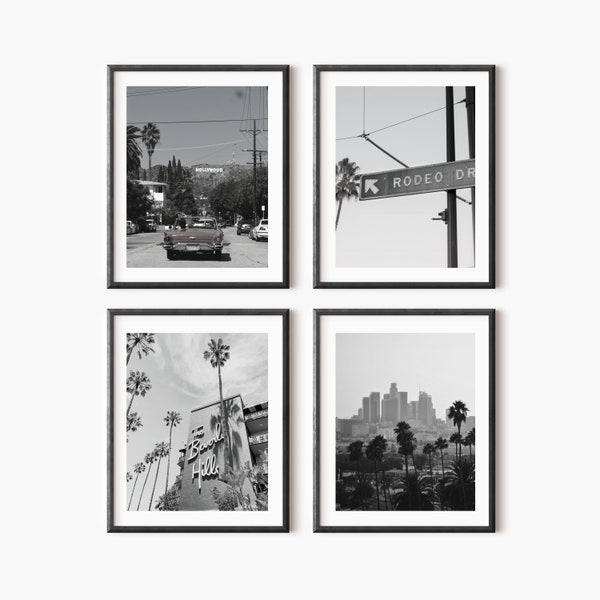 Lot de 4 oeuvres d'art murales imprimables Los Angeles - tirages photographie noir et blanc Los Angeles - oeuvres d'art murales Los Angeles - affiches murales Los Angeles